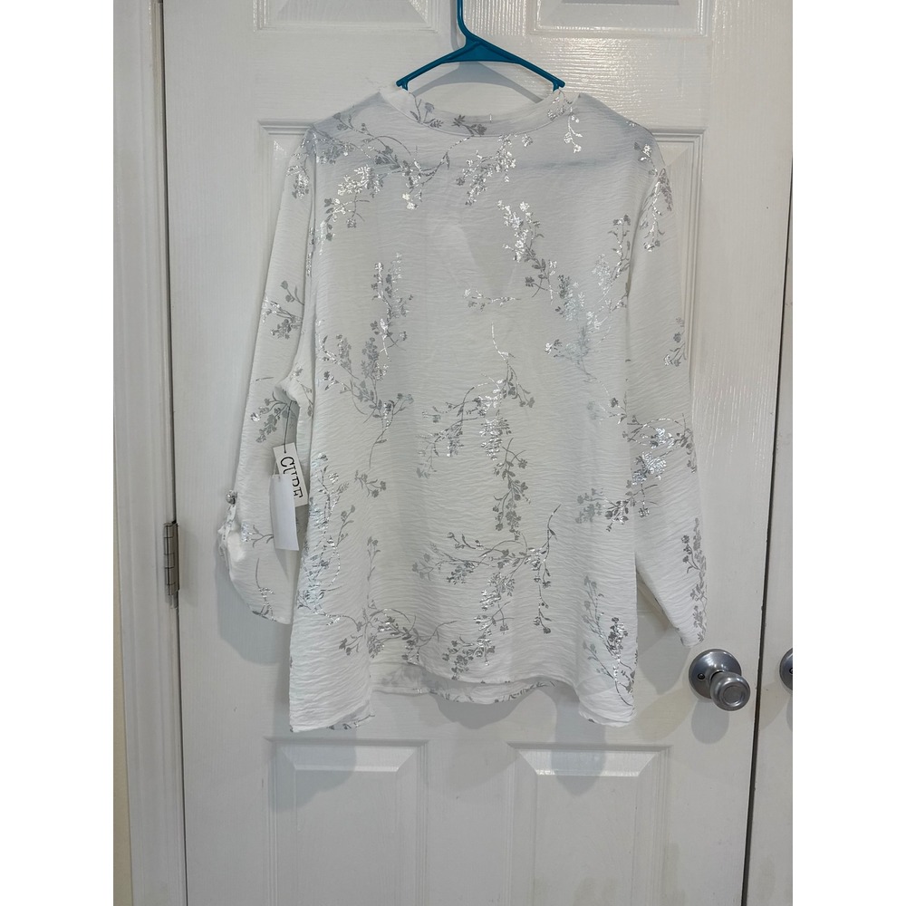 Cure White Silver Floral Blouse 3/4 Sleeve Button Up Tunic Top 3XL - Picture 5 of 5